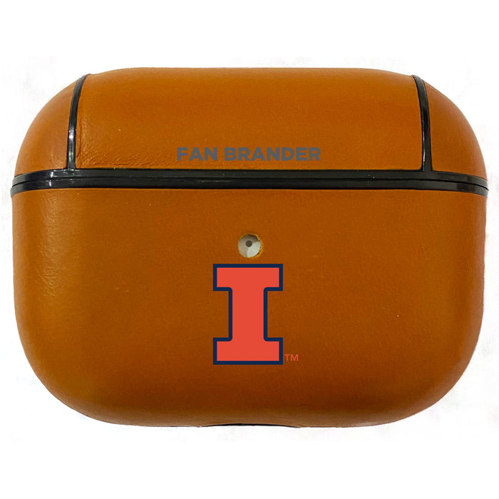 Fan Brander Tan Leatherette Apple AirPod case with Illinois Fighting Illini Primary Logo