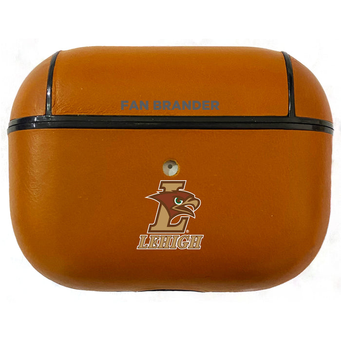 Fan Brander Tan Leatherette Apple AirPod case with Lehigh Mountain Hawks Primary Logo