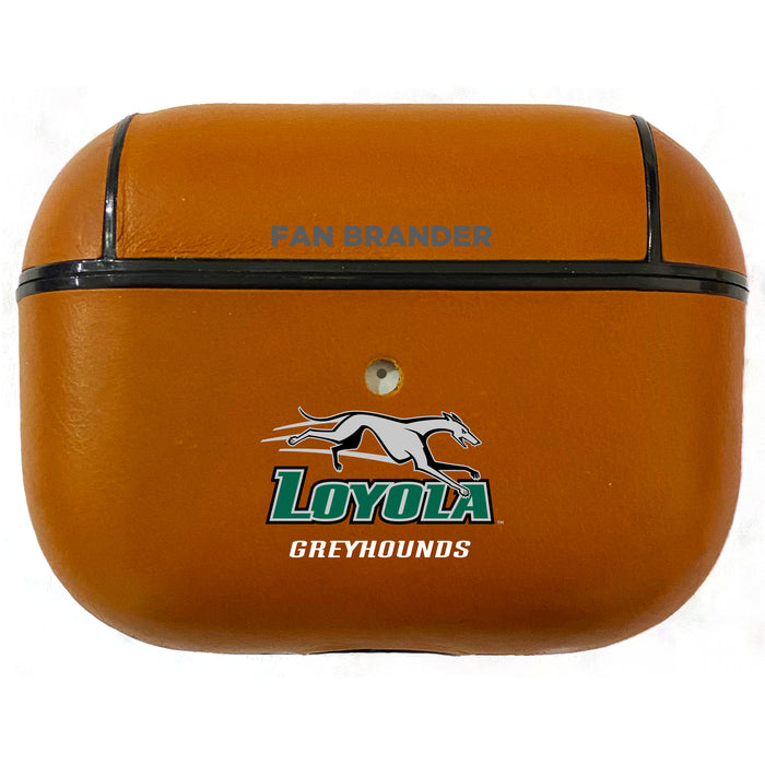 Fan Brander Tan Leatherette Apple AirPod case with Loyola Univ Of Maryland Hounds Primary Logo