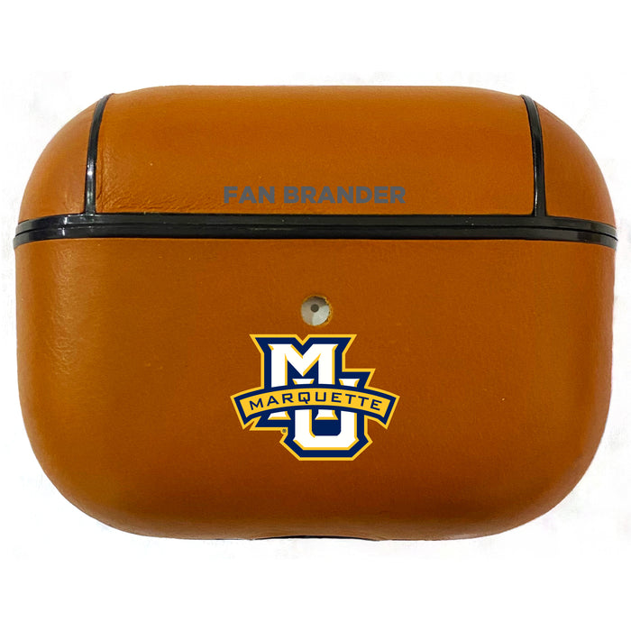 Fan Brander Tan Leatherette Apple AirPod case with Marquette Golden Eagles Primary Logo