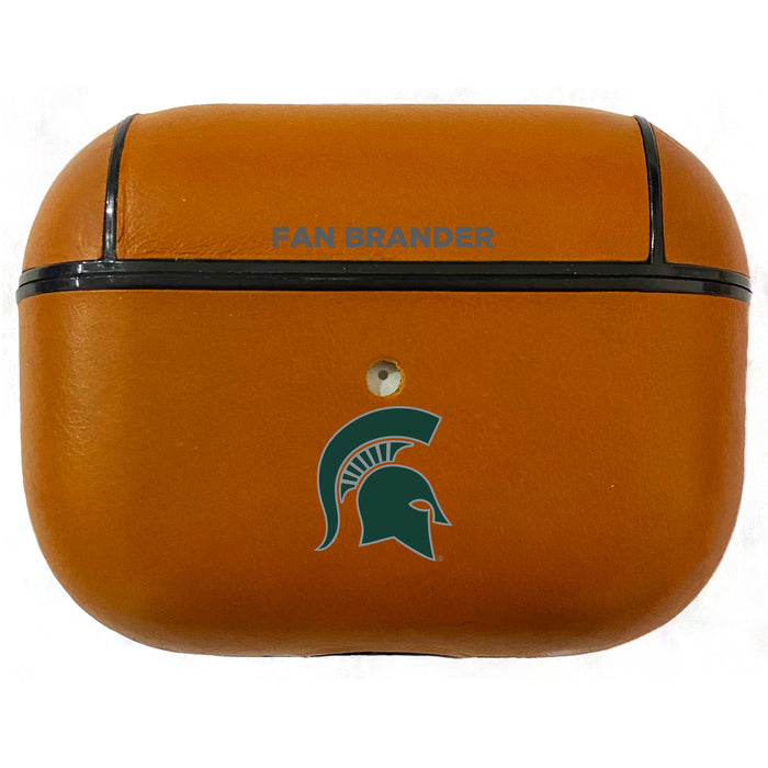 Fan Brander Tan Leatherette Apple AirPod case with Michigan State Spartans Primary Logo