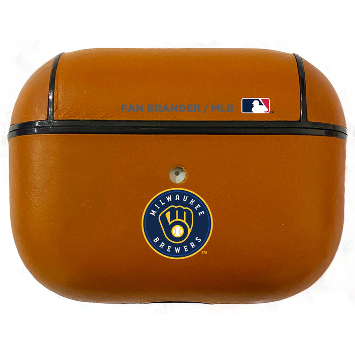 Fan Brander Tan Leatherette Apple AirPod case with Milwaukee Brewers Primary Logo