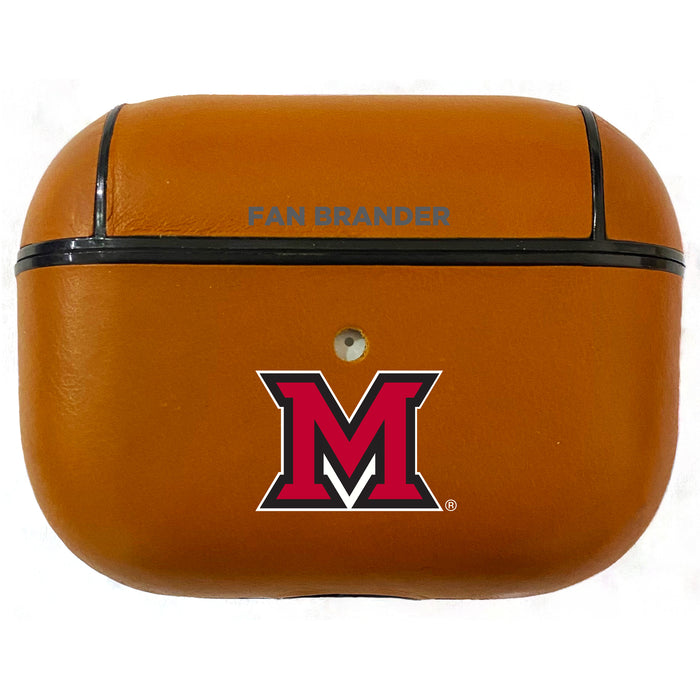 Fan Brander Tan Leatherette Apple AirPod case with Miami University RedHawks Primary Logo