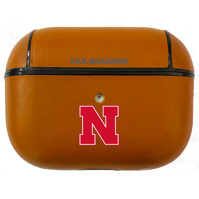 Fan Brander Tan Leatherette Apple AirPod case with Nebraska Cornhuskers Primary Logo