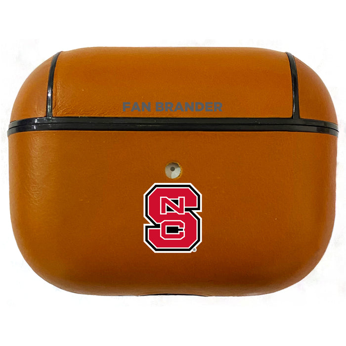 Fan Brander Tan Leatherette Apple AirPod case with NC State Wolfpack Primary Logo