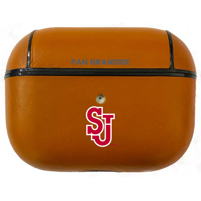 Fan Brander Tan Leatherette Apple AirPod case with St. John's Red Storm Primary Logo