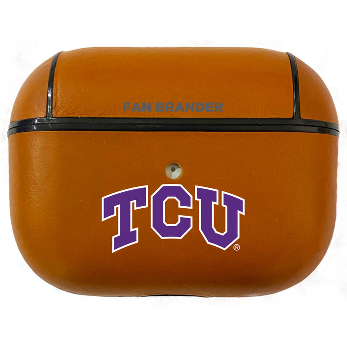 Fan Brander Tan Leatherette Apple AirPod case with Texas Christian University Horned Frogs Primary Logo