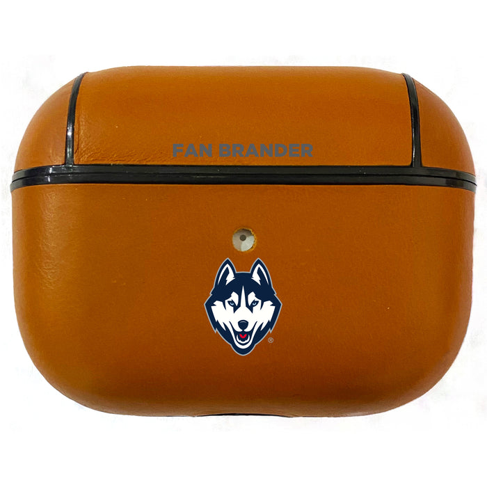 Fan Brander Tan Leatherette Apple AirPod case with Uconn Huskies Primary Logo