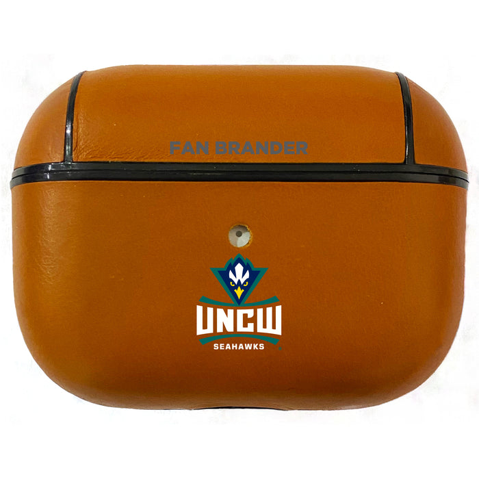 Fan Brander Tan Leatherette Apple AirPod case with UNC Wilmington Seahawks Primary Logo