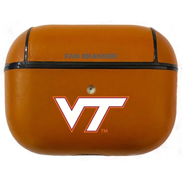 Fan Brander Tan Leatherette Apple AirPod case with Virginia Tech Hokies Primary Logo