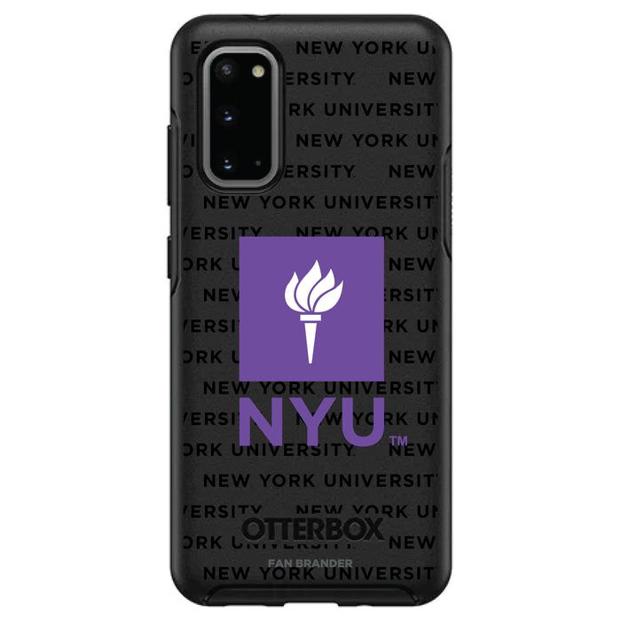 OtterBox Black Phone case with NYU Primary Logo on Repeating Wordmark Background