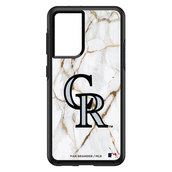 OtterBox Black Phone case with Colorado Rockies Primary Logo on white marble Background