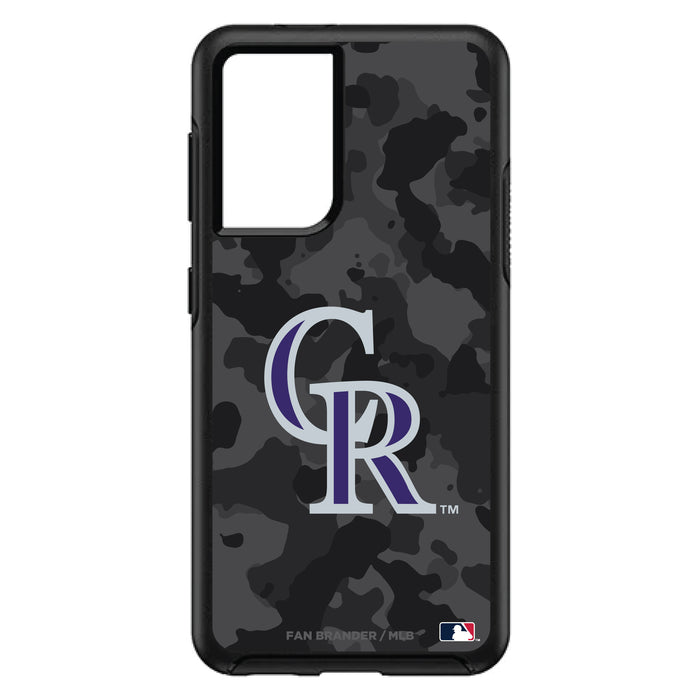 OtterBox Black Phone case with Colorado Rockies Primary Logo Urban Camo background