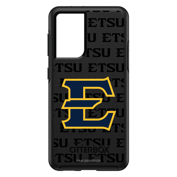 OtterBox Black Phone case with Eastern Tennessee State Buccaneers Primary Logo on Repeating Wordmark Background