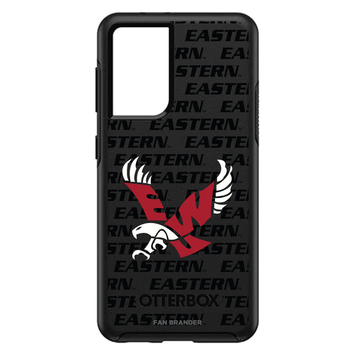 OtterBox Black Phone case with Eastern Washington Eagles Primary Logo on Repeating Wordmark Background