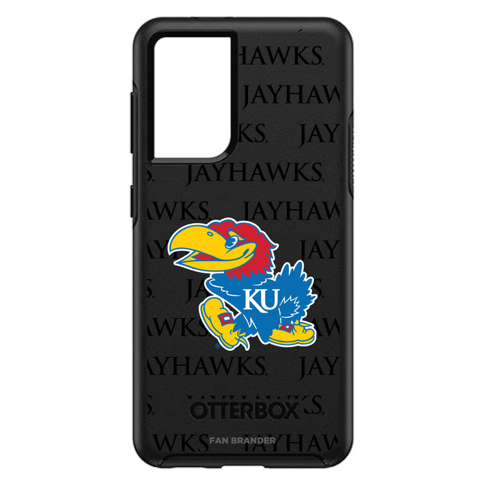 OtterBox Black Phone case with Kansas Jayhawks Primary Logo on Repeating Wordmark Background