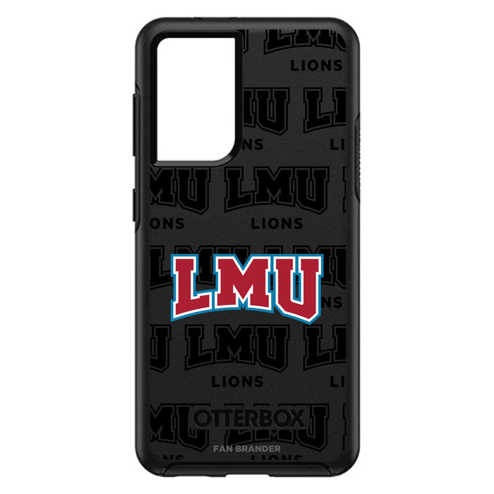 OtterBox Black Phone case with Loyola Marymount University Lions Primary Logo on Repeating Wordmark Background