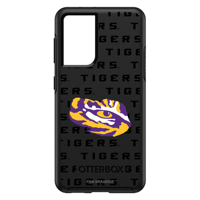 OtterBox Black Phone case with LSU Tigers Primary Logo on Repeating Wordmark Background