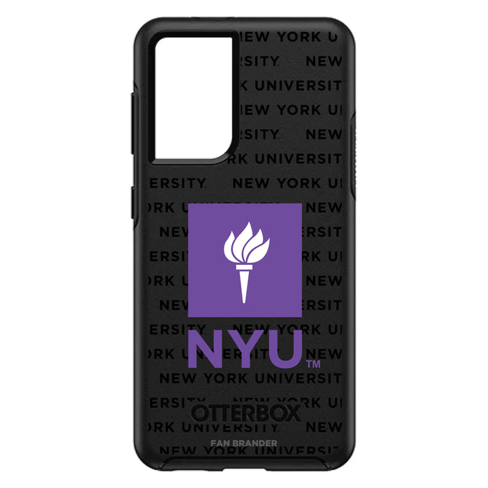 OtterBox Black Phone case with NYU Primary Logo on Repeating Wordmark Background