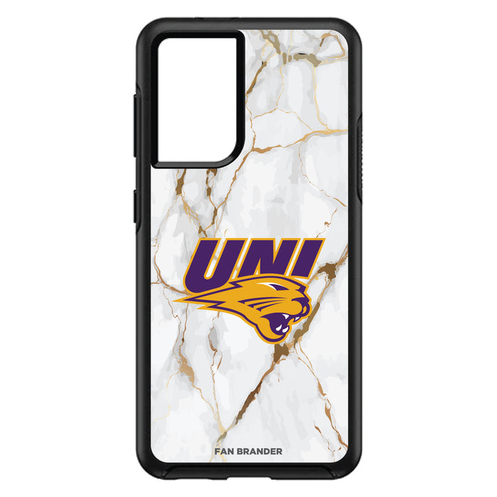 OtterBox Black Phone case with Northern Iowa Panthers Tide White Marble Background