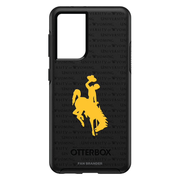 OtterBox Black Phone case with Wyoming Cowboys Primary Logo on Repeating Wordmark Background