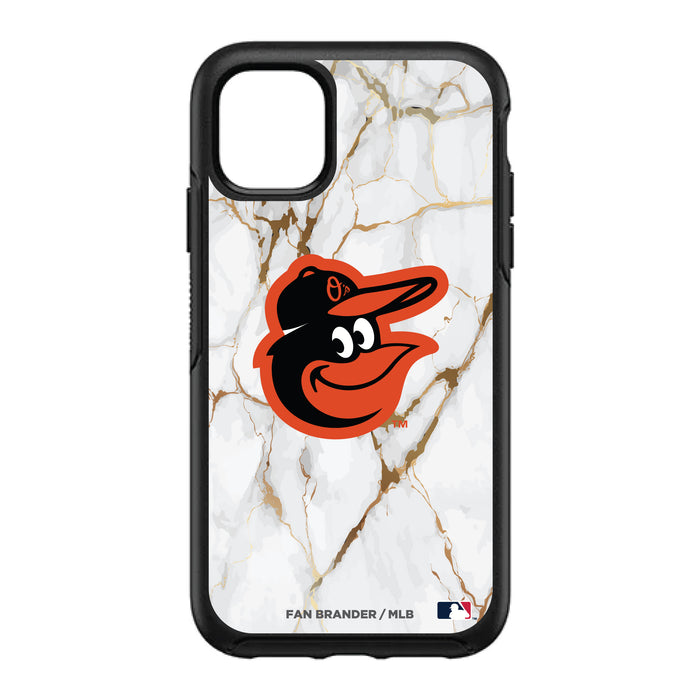 OtterBox Black Phone case with Baltimore Orioles Primary Logo on white marble Background