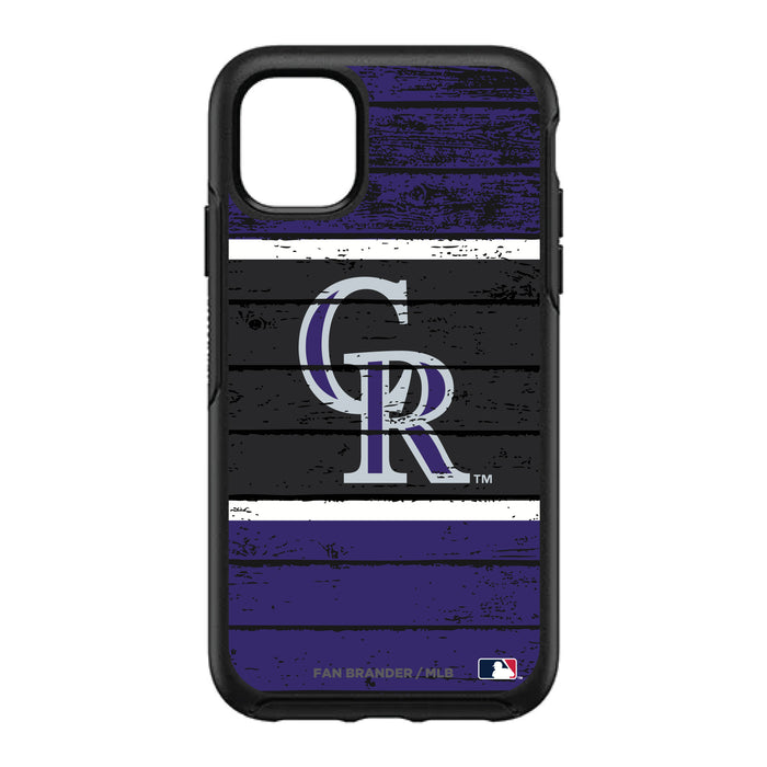 OtterBox Black Phone case with Colorado Rockies Primary Logo on Wood Design