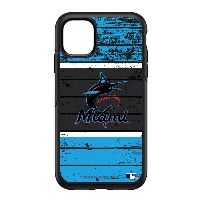 OtterBox Black Phone case with Miami Marlins Primary Logo on Wood Design