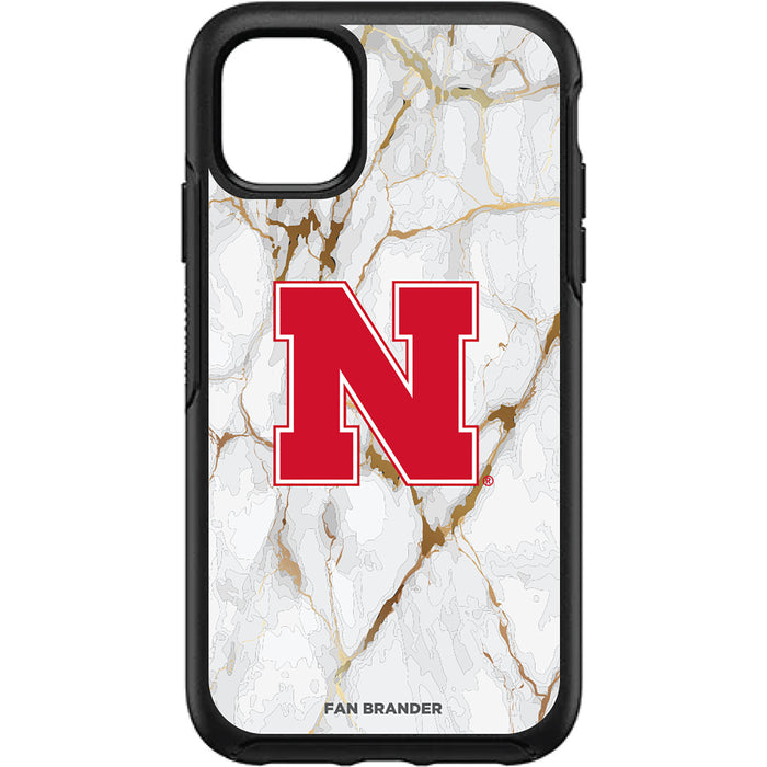 OtterBox Black Phone case with Nebraska Cornhuskers Tide White Marble Background