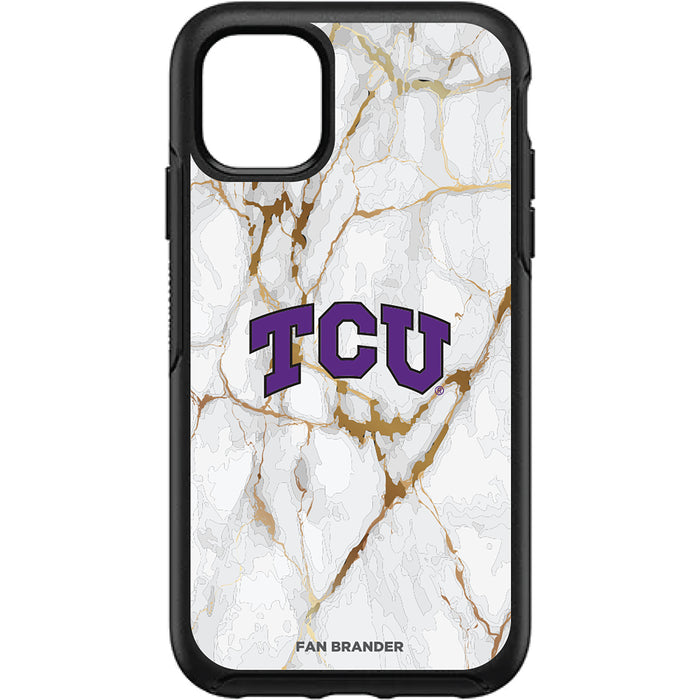 OtterBox Black Phone case with Texas Christian University Horned Frogs Tide White Marble Background
