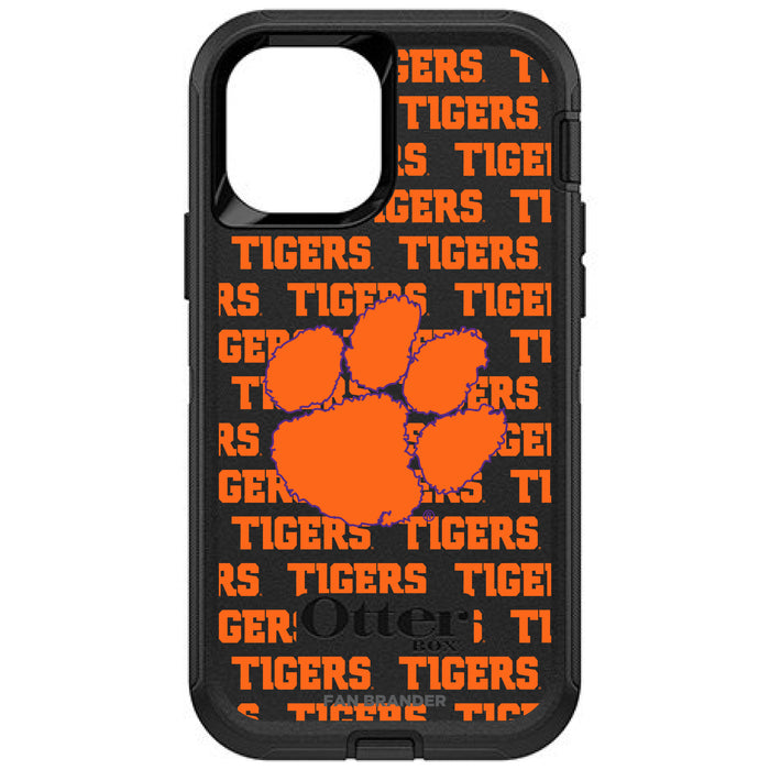 OtterBox Black Phone case with Clemson Tigers Primary Logo on Repeating Wordmark Background