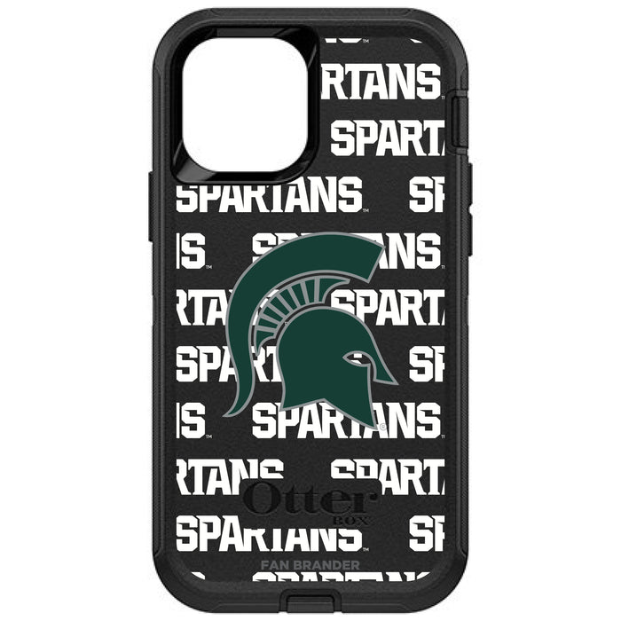 OtterBox Black Phone case with Michigan State Spartans Primary Logo on Repeating Wordmark Background