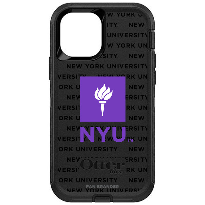 OtterBox Black Phone case with NYU Primary Logo on Repeating Wordmark Background