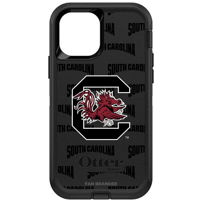 OtterBox Black Phone case with South Carolina Gamecocks Primary Logo on Repeating Wordmark Background