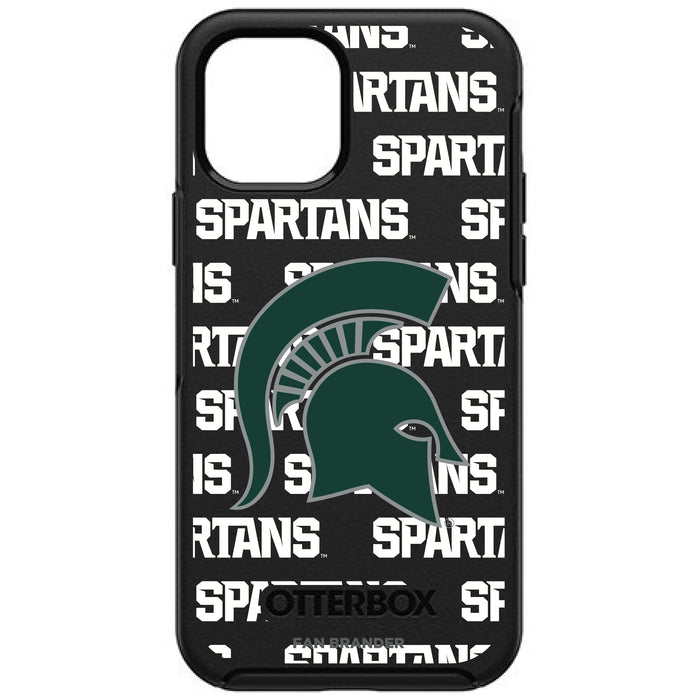 OtterBox Black Phone case with Michigan State Spartans Primary Logo on Repeating Wordmark Background