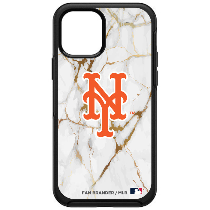 OtterBox Black Phone case with New York Mets Primary Logo on white marble Background