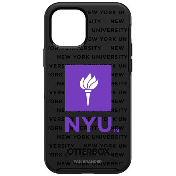 OtterBox Black Phone case with NYU Primary Logo on Repeating Wordmark Background