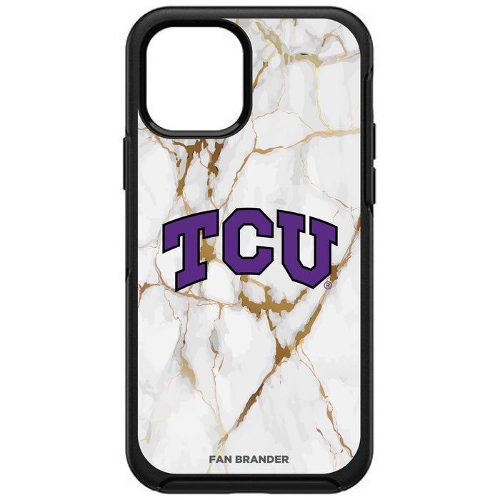 OtterBox Black Phone case with Texas Christian University Horned Frogs Tide White Marble Background