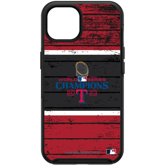 OtterBox Black Phone case with Texas Rangers 2024 MLB Champs on Wood Background