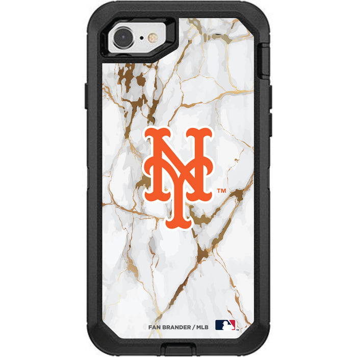 OtterBox Black Phone case with New York Mets Primary Logo on white marble Background