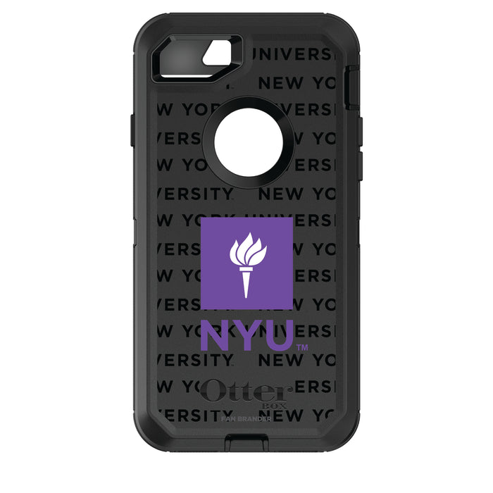 OtterBox Black Phone case with NYU Primary Logo on Repeating Wordmark Background