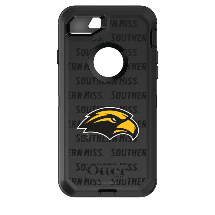 OtterBox Black Phone case with Southern Mississippi Golden Eagles Primary Logo on Repeating Wordmark Background