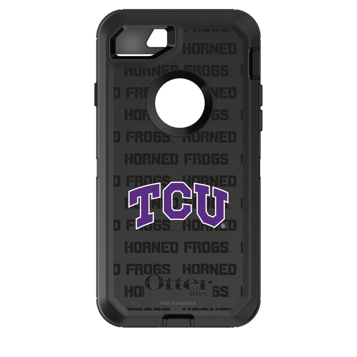 OtterBox Black Phone case with Texas Christian University Horned Frogs Primary Logo on Repeating Wordmark Background