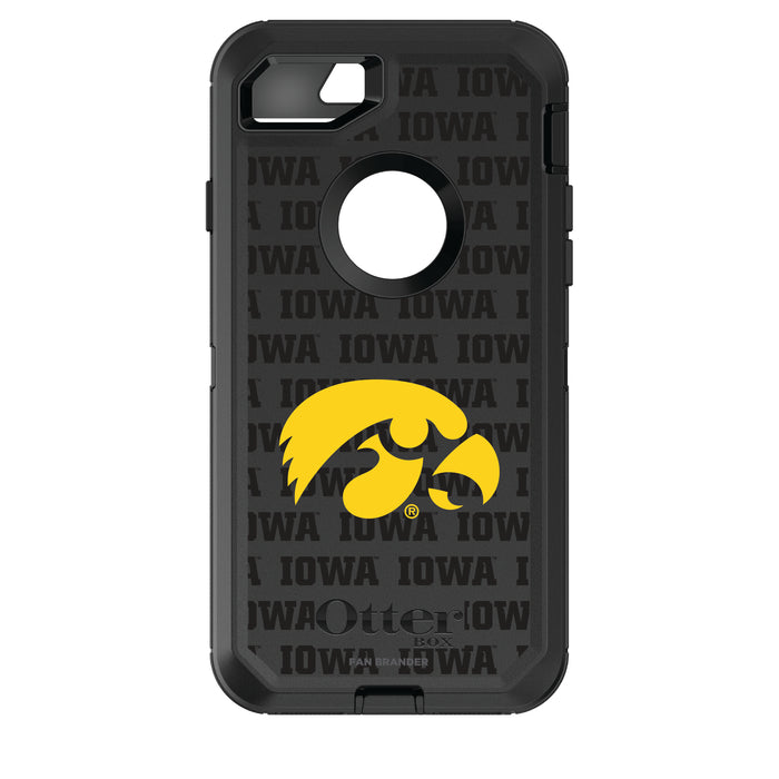 OtterBox Black Phone case with Iowa Hawkeyes Primary Logo on Repeating Wordmark Background