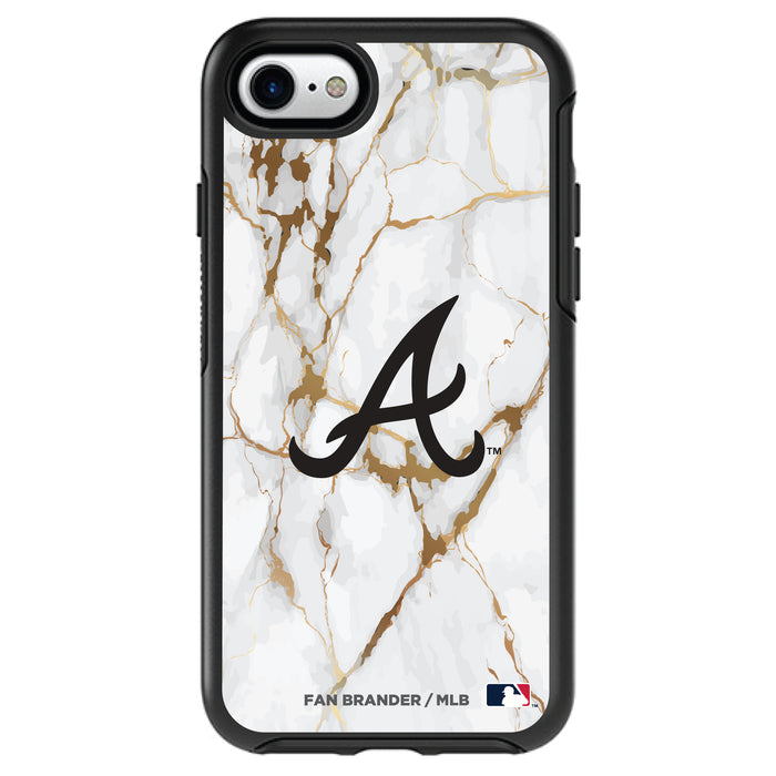 OtterBox Black Phone case with Atlanta Braves Primary Logo on white marble Background