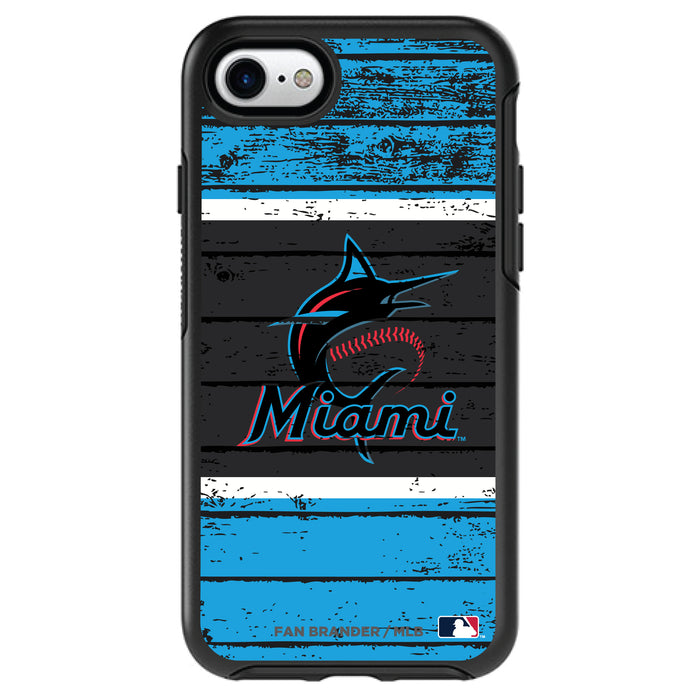 OtterBox Black Phone case with Miami Marlins Primary Logo on Wood Design
