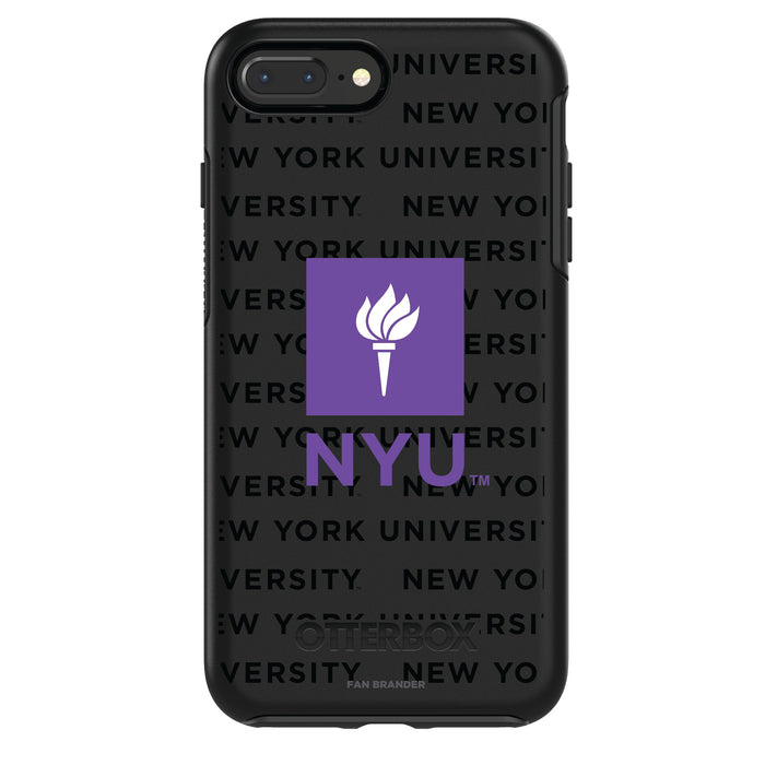 OtterBox Black Phone case with NYU Primary Logo on Repeating Wordmark Background