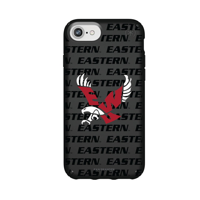 Speck Black Presidio Series Phone case with Eastern Washington Eagles Primary Logo on Repeating Wordmark Background