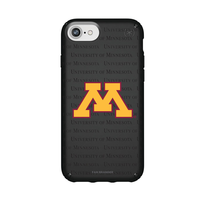 Speck Black Presidio Series Phone case with Minnesota Golden Gophers Primary Logo on Repeating Wordmark Background