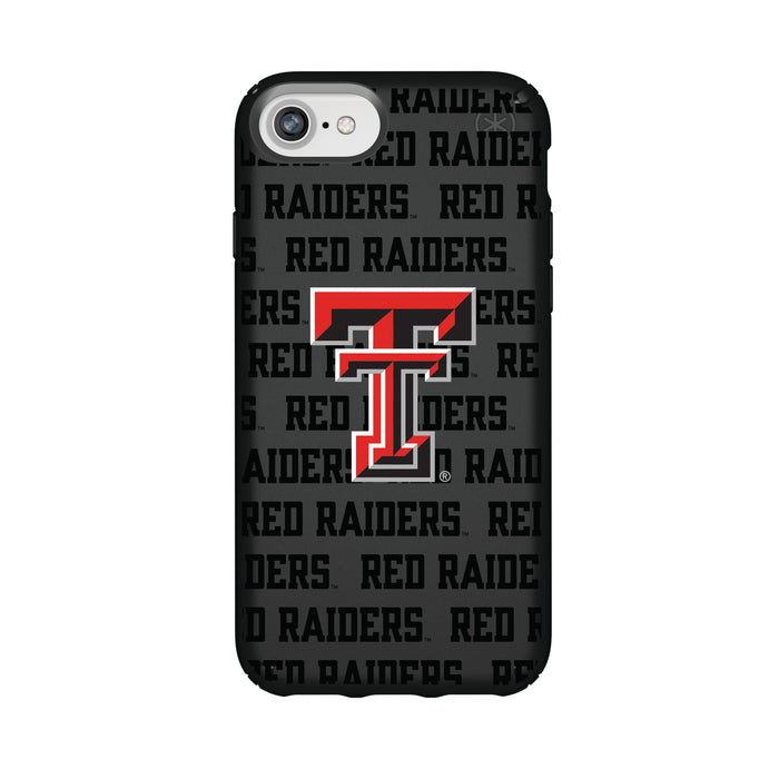 Speck Black Presidio Series Phone case with Texas Tech Red Raiders Primary Logo on Repeating Wordmark Background